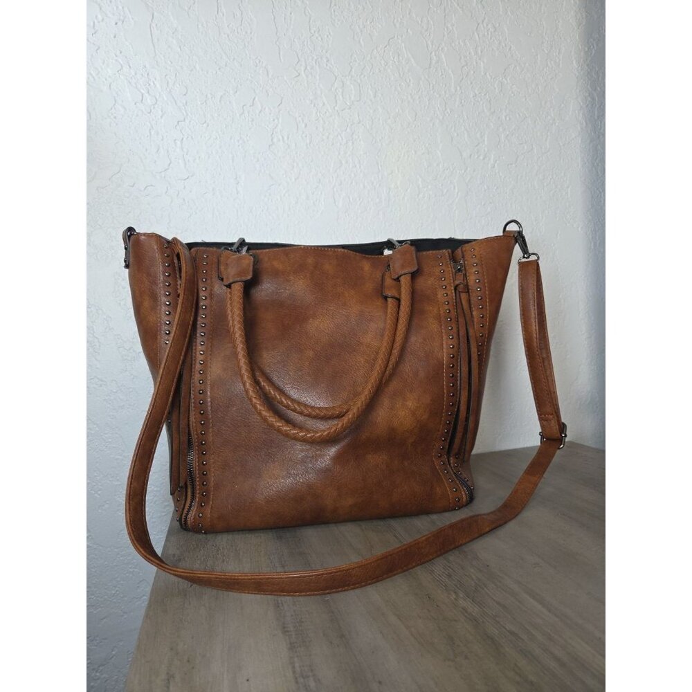 Sam & Hadley Brown Faux Leather Double Zip Studded Design Shoulder Tote Bag